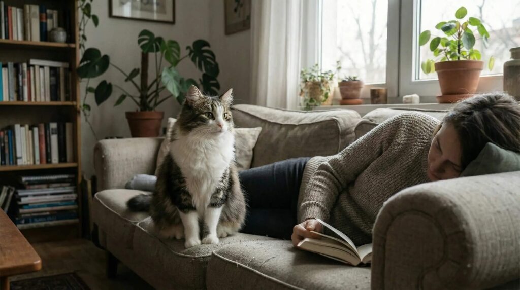 calm cat sitting next to a person on a couch indoors