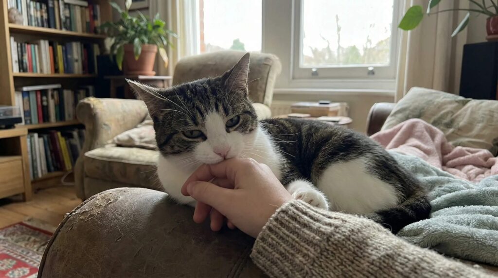 cat gently biting a hand during petting in a calm indoor setting