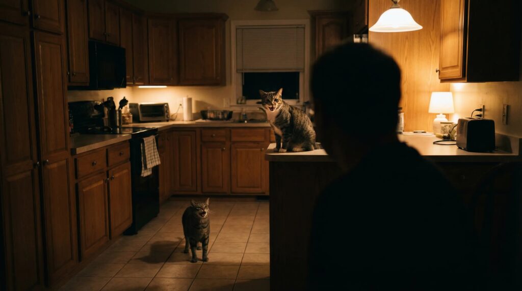 cat meowing indoors at night in a kitchen