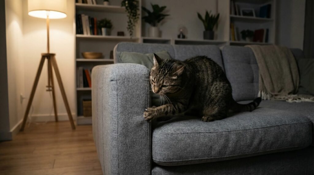 Why Does My Cat Scratch the Couch at Night? cat scratching a couch in the living room at night