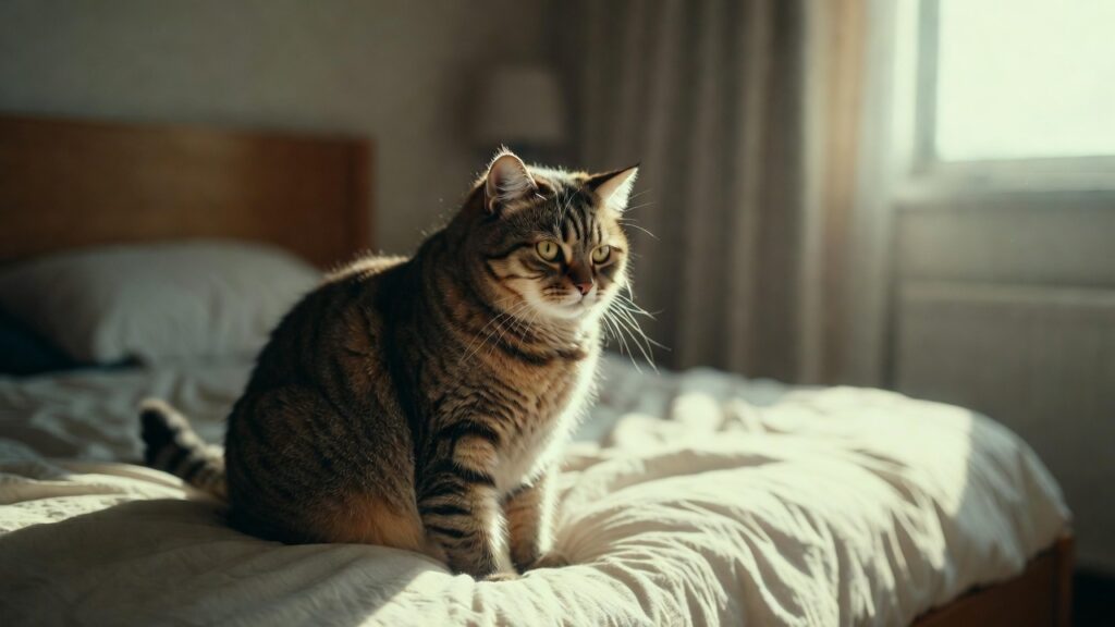 How to Calm a Stressed Cat Down: 10 Practical Steps Cat sitting alert on a bed showing subtle signs of stress