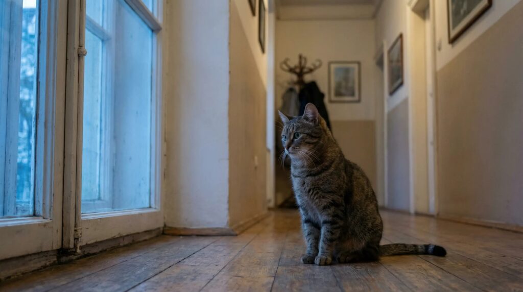 cat sitting alert in a hallway at dusk