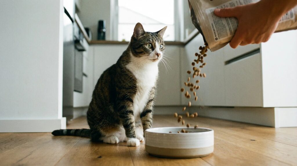 cat watching closely while a human fills its food bowl indoors