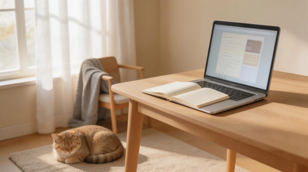 About about the curious pet editorial workspace with cat