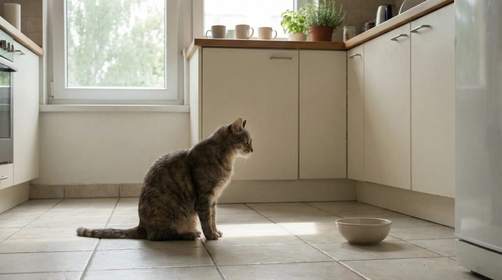 Cat sitting on a kitchen floor near an empty food bowl