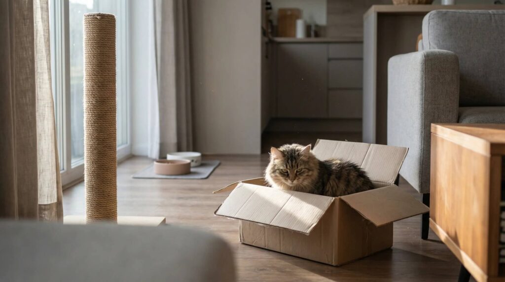 Common Cat Behavior Problems and Causes cat behavior signs scratching post food bowl cardboard box indoor setting