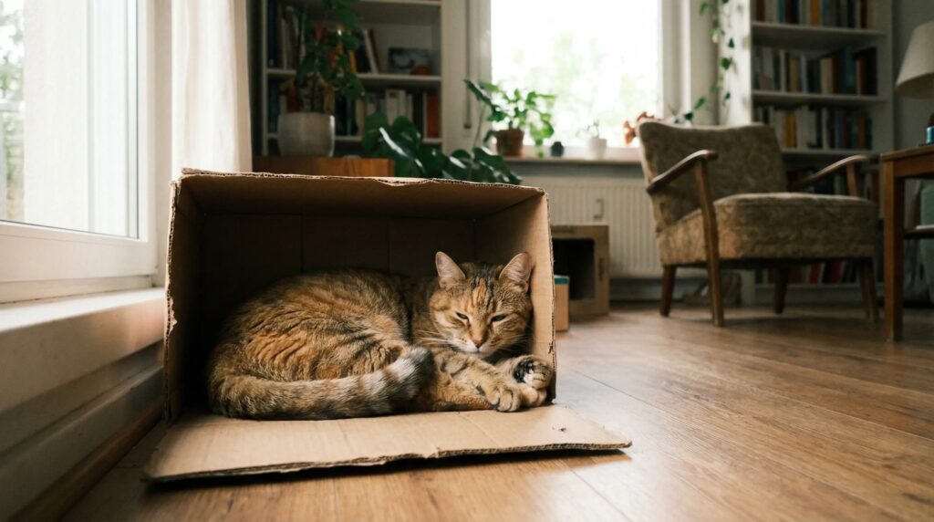 Why Does My Cat Hide in Boxes? cat hiding in cardboard box indoors