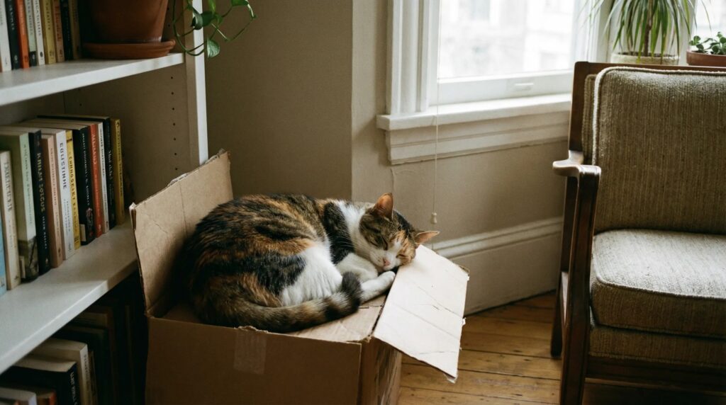 Cat resting calmly inside a box in a quiet room
