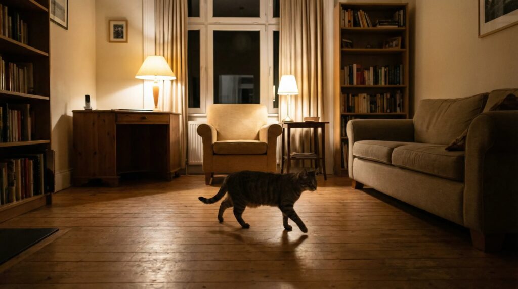 cat scratching couch night living room