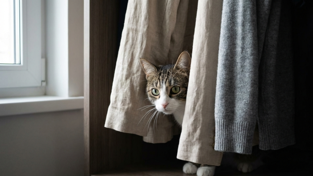 Cat hiding inside a wardrobe between hanging clothes