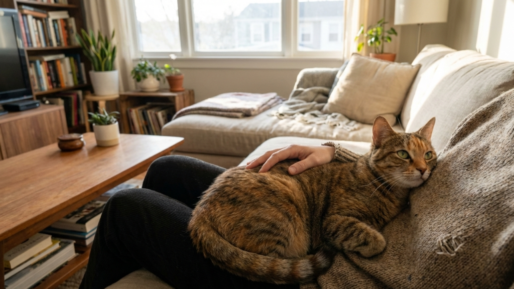 cat lying on owner's chest showing clingy behavior