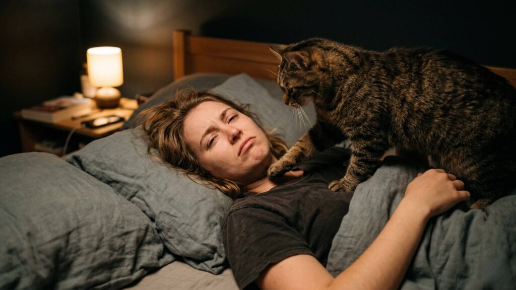 Why Does My Cat Walk on Me While I Sleep? domestic cat walking on its owner while sleeping in bed at night, common cat behavior during sleep