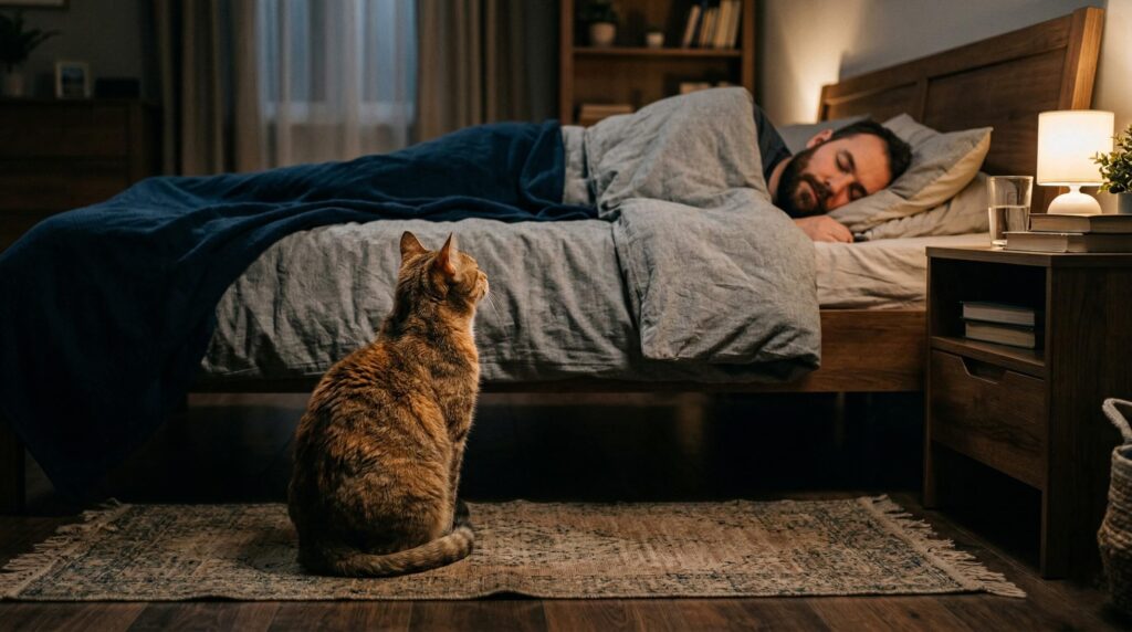 why does my cat watch me sleep, cat sitting on floor looking at owner in bed at night