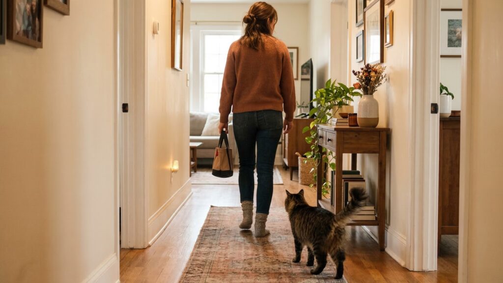 Why Does My Cat Follow Me Everywhere? cat following owner through hallway at home