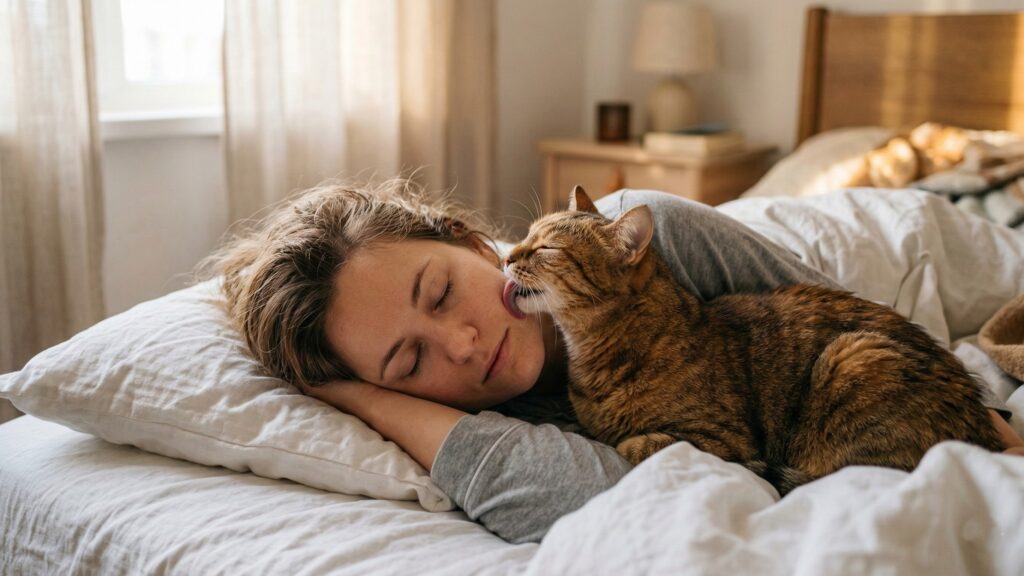 Why Does My Cat Lick My Face While I Sleep? cat licking owner's face while sleeping at night