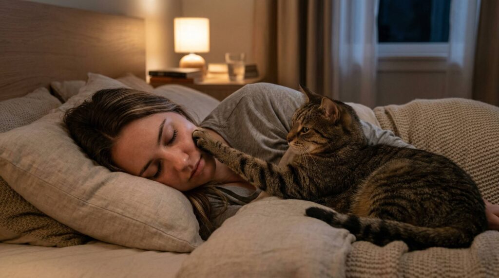 cat touching owner's face while sleeping at night