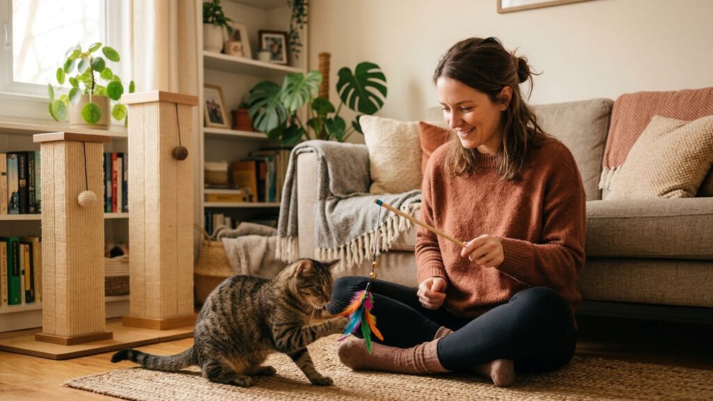 How to Fix Common Cat Behavior Problems at Home owner playing with cat in living room with scratching post