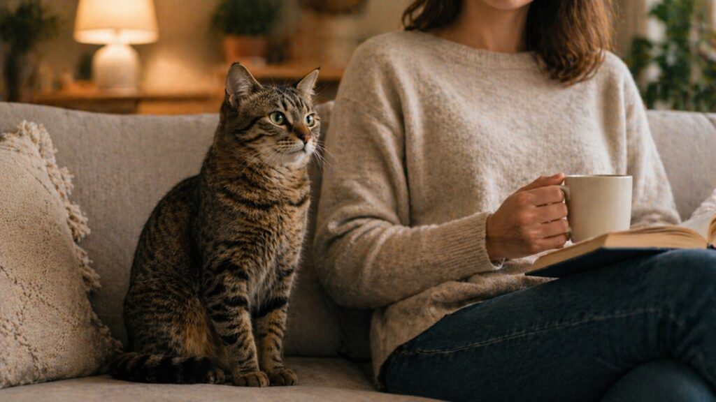 Why Does My Cat Sit Next to Me but Not on Me? why does my cat sit next to me but not on me, cat sitting beside owner on sofa behavior