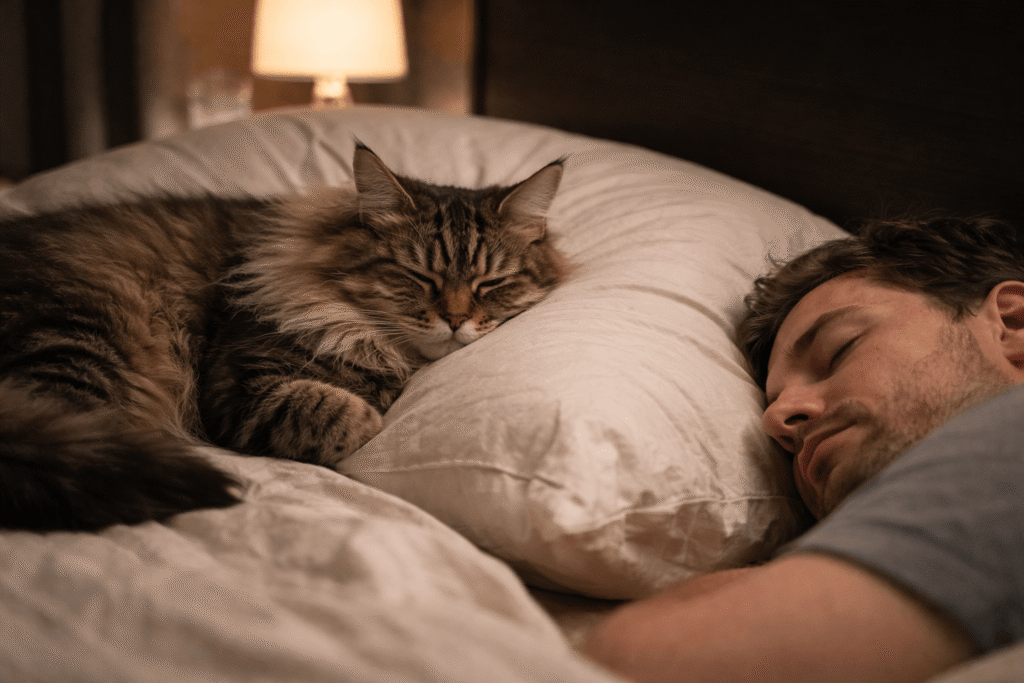 why does my cat sleep on my pillow, cat lying on pillow next to owner at night