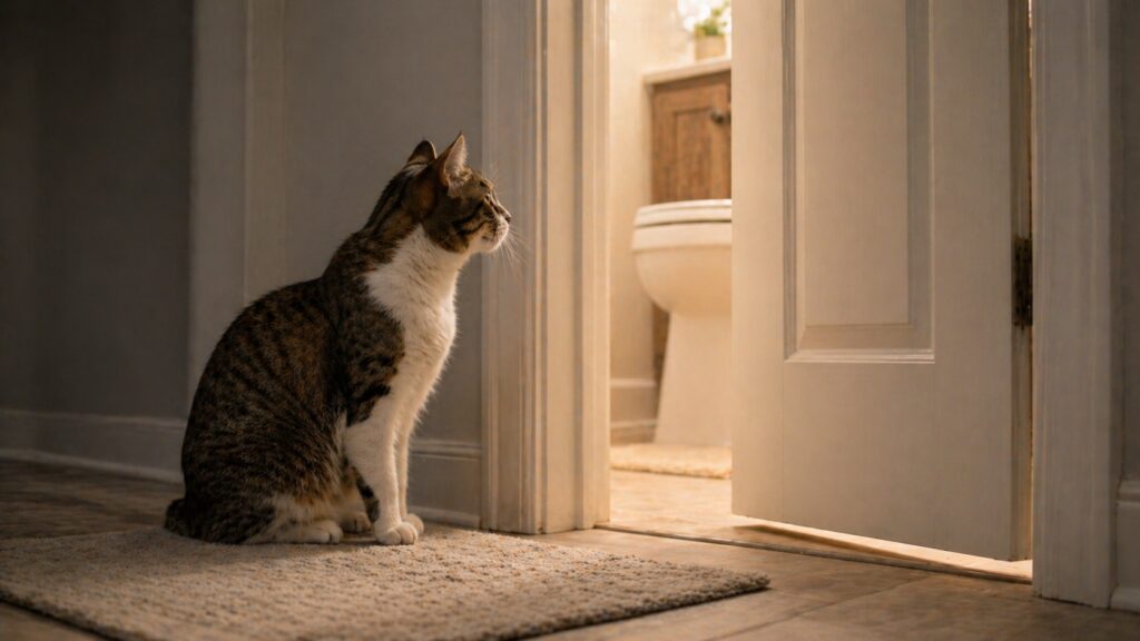 why does my cat follow me to the bathroom, cat waiting outside bathroom door for owner