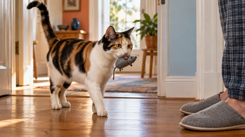 Why Does My Cat Bring Me Gifts? What This Behavior Means Calico cat carrying a felt toy mouse toward a person in slippers