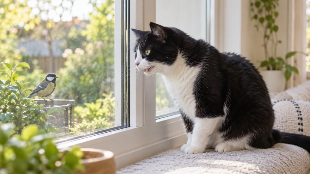 Why Does My Cat Chirp at Birds? What That Sound Means Black and white cat chirping at a bird outside a window