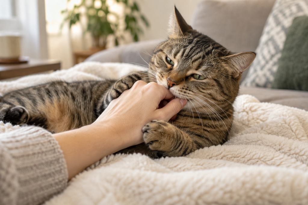 Why Does My Cat Bite Me Gently? Relaxed tabby cat gently nibbling its owner’s hand during petting