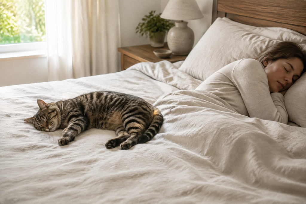 Tabby cat sleeping near a person in bed