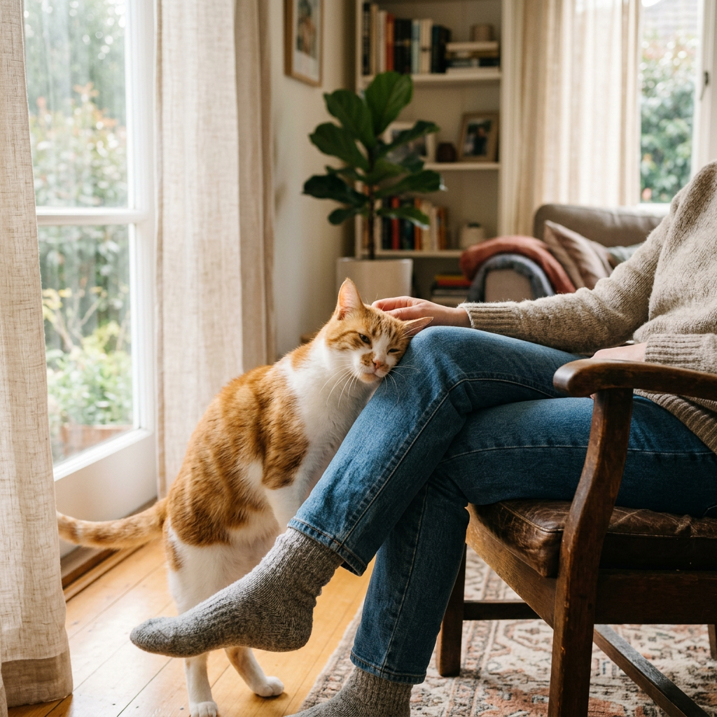 Why Does My Cat Rub Against Me? Orange-and-white cat leaning against seated person’s legs