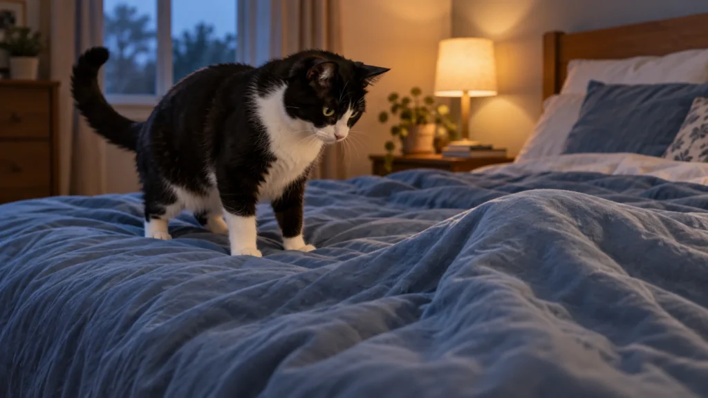 Why Does My Cat Attack My Feet at Night? What to Do Black-and-white cat watching a raised fold in a blue duvet.